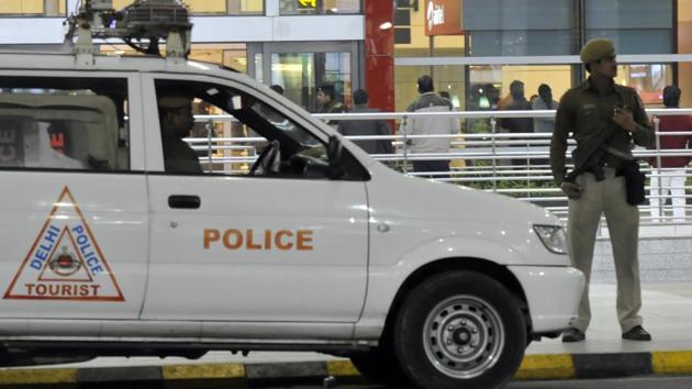 New Delhi, India - Feb. 11, 2014:Delhi Police personnel keep vigil at the T3 Terminal of the IGIA Airport after a bomb scare there, in New Delhi, India, on Tuesday, February 11, 2014. (Photo by Vipin Kumar/ Hindustan Times) (Hindustan Times)
