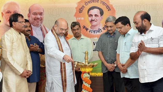 BJP president Amit Shah inaugurates the South Goa BJP office in Margao on Sunday. (PTI) BJP president Amit Shah inaugurates the South Goa BJP office in Margao on Sunday. (PTI)