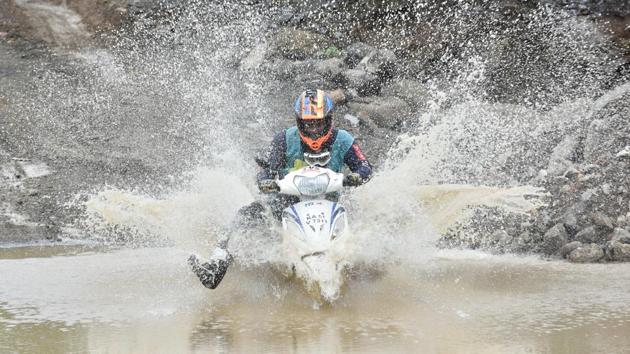 A rider takes part in the Gulf Monsoon Scooter Rally organised by Sportscraft and Gulf Oil Lubricants India Limited. in Navi Mumbai (Anshuman Poyrekar/HT Photo)