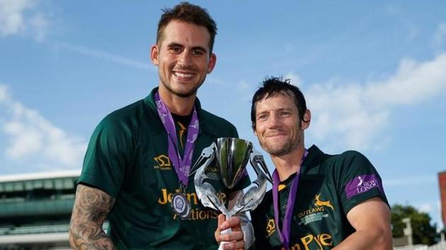 Nottinghamshire's Alex Hales and Chris Read celebrate with the trophy after winning the One-Day Cup final. (REUTERS) Nottinghamshire's Alex Hales and Chris Read celebrate with the trophy after winning the One-Day Cup final. (REUTERS)