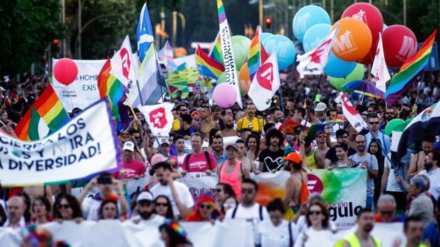 Participants take part in the WorldPride 2017 parade in Madrid on July 1, 2017. (AFP) Participants take part in the WorldPride 2017 parade in Madrid on July 1, 2017. (AFP)