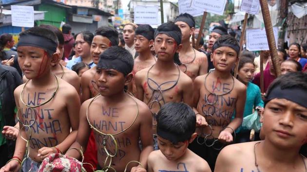 A section of the children fielded by the Gorkha Janmukti Morcha leaders in Darjeeling to demand for a separate state of Gorkhaland.(Bikram Sashanker) A section of the children fielded by the Gorkha Janmukti Morcha leaders in Darjeeling to demand for a separate state of Gorkhaland.(Bikram Sashanker)