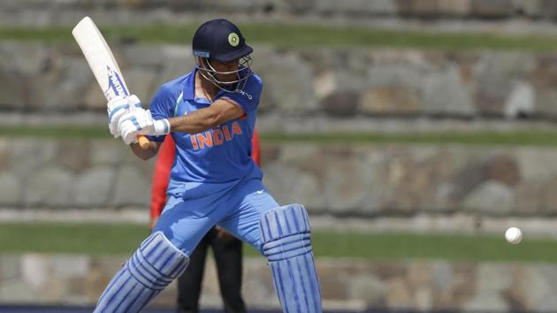 India's MS Dhoni plays a shot against West Indies during their fourth ODI at the Sir Vivian Richards Stadium in North Sound, Antigua, on Sunday.(AP)