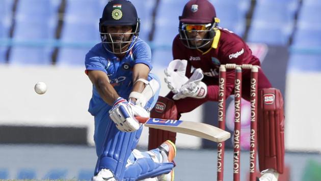 India's Ajinka Rahane plays a shot to be caught by West Indies' wicket keeper Shai Hope during their fourth ODI cricket match.(AP)