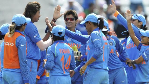 Teammates congratulate India's Jhulan Goswami, left without cap, for the dismissal of Pakistan's Javeria Wadood during the ICC Women's World Cup 2017 match between India and Pakistan.(AP)