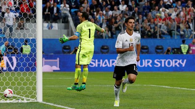 Germany’s Lars Stindl celebrates scoring their first goal as Chile’s Claudio Bravo looks dejected. (REUTERS) Germany’s Lars Stindl celebrates scoring their first goal as Chile’s Claudio Bravo looks dejected. (REUTERS)