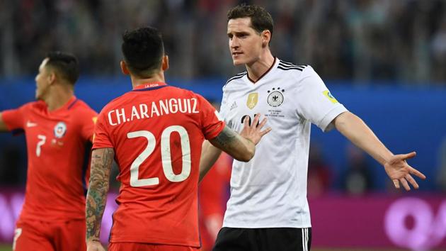 Germany's midfielder Sebastian Rudy (R) and Chile's midfielder Charles Aranguiz argue during the 2017 Confederations Cup final. (AFP) Germany's midfielder Sebastian Rudy (R) and Chile's midfielder Charles Aranguiz argue during the 2017 Confederations Cup final. (AFP)