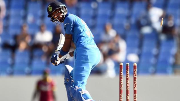 India's Hardik Pandya is bowled off the bowling of West Indies captain Jason Holder. (AFP) India's Hardik Pandya is bowled off the bowling of West Indies captain Jason Holder. (AFP)