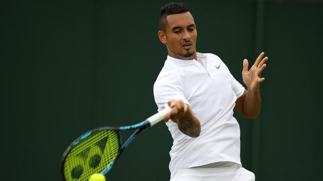 Nick Kyrgios in action during his Wimbledon first round match against France’s Pierre-Hugues on Monday. (REUTERS) Nick Kyrgios in action during his Wimbledon first round match against France’s Pierre-Hugues on Monday. (REUTERS)