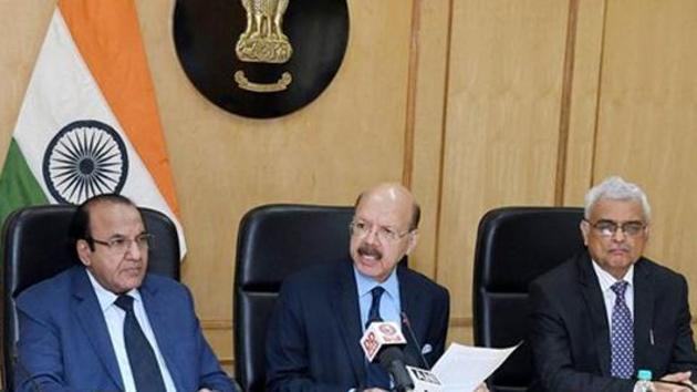 Outgoing chief election commissioner Nasim Zaidi (C), along with election commissioners Achal Kumar Joti (L) and OP Rawat during a press conference. (PTI) Outgoing chief election commissioner Nasim Zaidi (C), along with election commissioners Achal Kumar Joti (L) and OP Rawat during a press conference. (PTI)