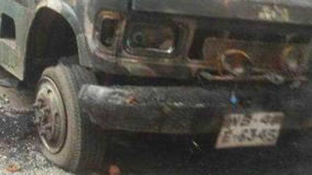 One of the police vehicles that was burnt by the angry mob in Baduria block of North 24 Paraganas district in West Bengal.