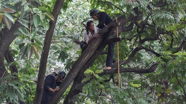 Fire brigade officials try their best. (Kunal Patil/HT Photo)