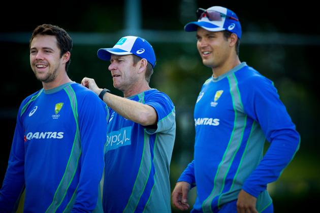 Members of the Australia A squad Travis Head (L), Nathan Weller and Alex Carey (R) take part in a cricket training session at Allan Border Field in Brisbane on July 4. (AFP) Members of the Australia A squad Travis Head (L), Nathan Weller and Alex Carey (R) take part in a cricket training session at Allan Border Field in Brisbane on July 4. (AFP)