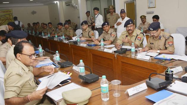 The meeting was held at Harsaon police lines in Ghaziabad where inspector general (Meerut range), joint commissioner (Delhi police) and other top police officials were present. (Sakib Ali/HT Photo) The meeting was held at Harsaon police lines in Ghaziabad where inspector general (Meerut range), joint commissioner (Delhi police) and other top police officials were present. (Sakib Ali/HT Photo)