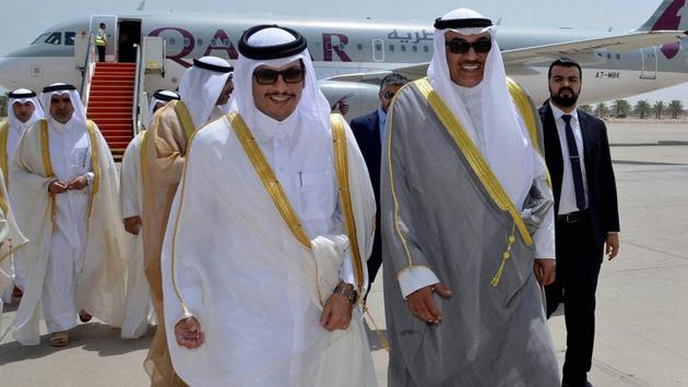In the latest development in the Qatari blockade, Qatar’s Foreign Minister Sheikh Mohammed bin Abdulrahman Al Thani (L), and Kuwaiti Foreign Minister Sheikh Sabah Khaled Al Sabah (R), walk together on an airport tarmac, on Al Thani’s arrival in Kuwait. Qatar's foreign minister, carrying a handwritten letter from the country's ruling emir arrived in Kuwait amid a diplomatic crisis engulfing his nation. (AP) In the latest development in the Qatari blockade, Qatar’s Foreign Minister Sheikh Mohammed bin Abdulrahman Al Thani (L), and Kuwaiti Foreign Minister Sheikh Sabah Khaled Al Sabah (R), walk together on an airport tarmac, on Al Thani’s arrival in Kuwait. Qatar's foreign minister, carrying a handwritten letter from the country's ruling emir arrived in Kuwait amid a diplomatic crisis engulfing his nation. (AP)