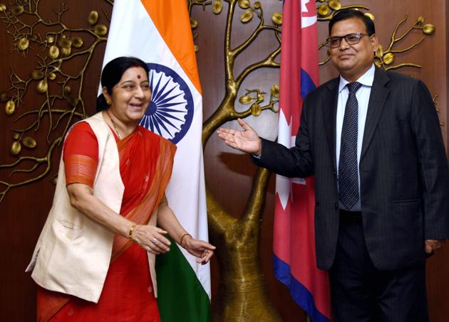 External affairs minister Sushma Swaraj with Krishna Bahadur Mahara, Nepal’s deputy prime minister and foreign minister, before a meeting in New Delhi on July 3, 2017. (PTI) External affairs minister Sushma Swaraj with Krishna Bahadur Mahara, Nepal’s deputy prime minister and foreign minister, before a meeting in New Delhi on July 3, 2017. (PTI)