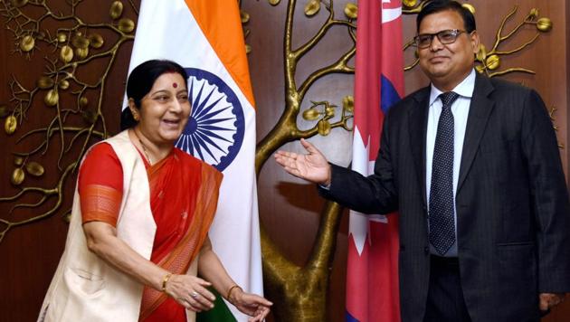 External affairs minister Sushma Swaraj with Nepal’s foreign minister Krishna Bahadur Mahara in New Delhi on July 3, 2017. (PTI) External affairs minister Sushma Swaraj with Nepal’s foreign minister Krishna Bahadur Mahara in New Delhi on July 3, 2017. (PTI)