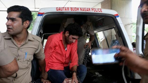 Sharpshooter Aneet Bhati was taken to the hospital after he suffered a gunshot wound. (Salman Ali/HT Photo) Sharpshooter Aneet Bhati was taken to the hospital after he suffered a gunshot wound. (Salman Ali/HT Photo)
