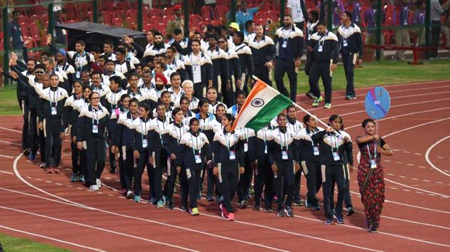 The Indian contingent marching past during the opening ceremony of the 22nd Asian Athletic Championships. (PTI) The Indian contingent marching past during the opening ceremony of the 22nd Asian Athletic Championships. (PTI)