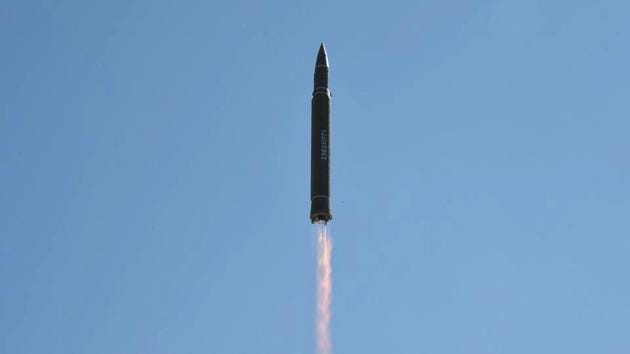 The intercontinental ballistic missile Hwasong-14 is seen during its test launch in Pyongyang.(Reuters)