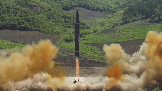 This photo distributed by the North Korean government shows what was said to be the launch of a Hwasong-14 intercontinental ballistic missile, in North Korea's northwest, July 4. (AP) This photo distributed by the North Korean government shows what was said to be the launch of a Hwasong-14 intercontinental ballistic missile, in North Korea's northwest, July 4. (AP)