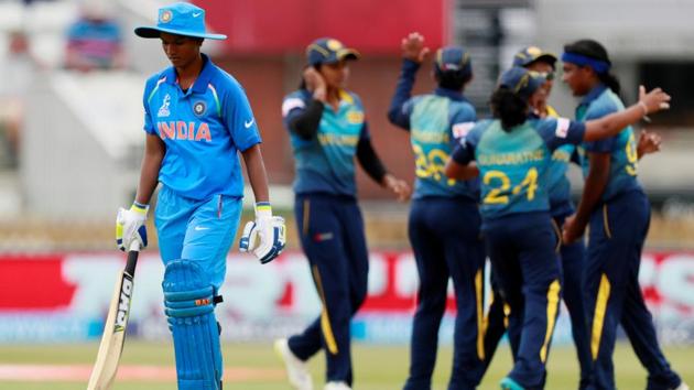 Deepti Sharma walks after being caught by Sri Lanka's Inoka Ranaweera from the bowling of Ama Kanchana. (Action Images via Reuters)