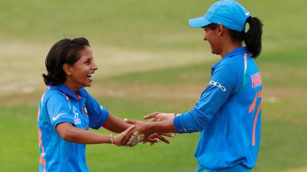 India's Poonam Yadav celebrates with Harmanpreet Kaur after taking the wicket of Sri Lanka's Chamari Athapaththu. (Action Images via Reuters)