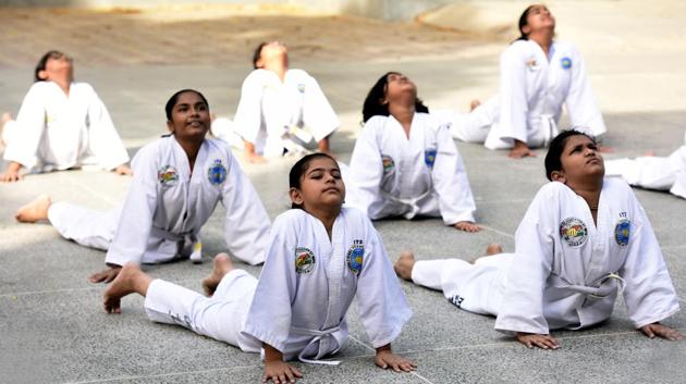 Every movement in the Taekwondo is scientifically designed for a specific purpose with the motive of developing in the student a belief that success is possible for anyone.  (Sonu Mehta/HT PHOTO) 