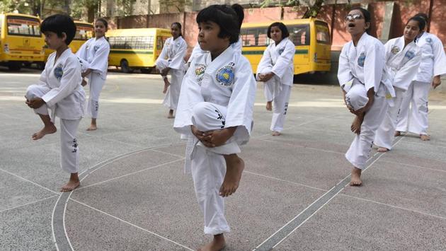 Various colours of belts signify the maturity and proficiency in taekwondo with white signifying a ‘beginner’ level. (Sonu Mehta/HT PHOTO) 