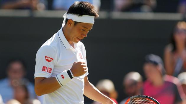 Japan’s Kei Nishikori celebrates winning the second round Wimbledon match against Ukraine’s Sergiy Stakhovsky.(REUTERS)