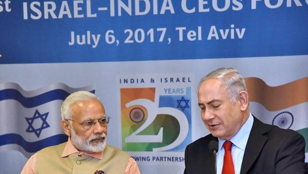 Prime Minister Narendra Modi and his Israeli counterpart Benjamin Netanyahu at the 1st Israel - India CEOs Forum in Tel Aviv, Israel on July 6. (PTI Photo)
