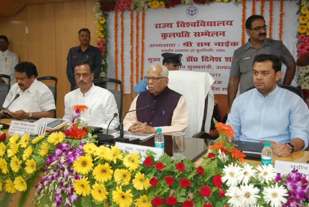 UP governor Ram Naik (third from left) and UP deputy chief minister Dinesh Sharma (second from left) at the vice chancellor’s conference which began on Thursday (HT Photo) UP governor Ram Naik (third from left) and UP deputy chief minister Dinesh Sharma (second from left) at the vice chancellor’s conference which began on Thursday (HT Photo)