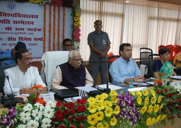 Deputy chief minster Dinesh Sharma (left) and UP governor Ram Naik (second from left) at the vice chancellor’s conference in Lucknow on Thursday. (HT Photo) Deputy chief minster Dinesh Sharma (left) and UP governor Ram Naik (second from left) at the vice chancellor’s conference in Lucknow on Thursday. (HT Photo)