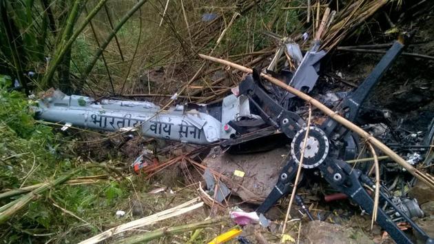 Wreckage of the helicopter which went missing in Arunachal Pradesh.(HT Photo)