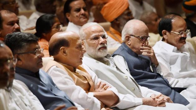 Prime Minister Narendra Modi, home minister Rajnath Singh, senior BJP leader LK Advani and other leaders during an earlier parliamentary party meeting. (PTI File Photo) Prime Minister Narendra Modi, home minister Rajnath Singh, senior BJP leader LK Advani and other leaders during an earlier parliamentary party meeting. (PTI File Photo)