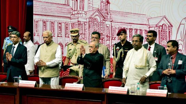 President Pranab Mukherjee with Karnataka Governor Vajubhai Rudabhai Vala and CM Siddaramaiah at the annual convocation -2017 of the Indian Institute of Science in Bengaluru. (PTI) President Pranab Mukherjee with Karnataka Governor Vajubhai Rudabhai Vala and CM Siddaramaiah at the annual convocation -2017 of the Indian Institute of Science in Bengaluru. (PTI)