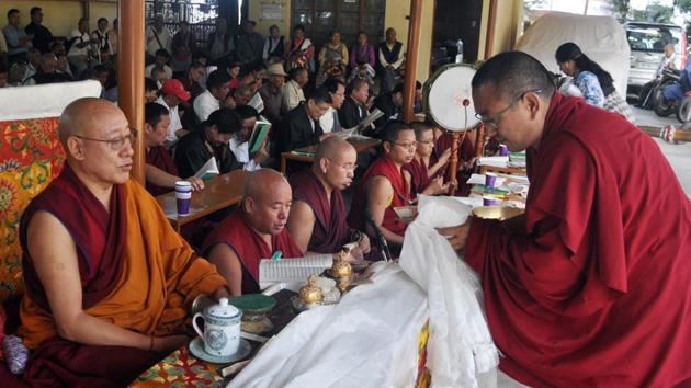 Tibetan Buddhist Monks during a special morning-prayer session on the occasion of 82nd birthday of Dalai Lama at a monastery in Mcleodganj, near Dharamsala on Thursday. (Shyam Sharma/HT Photo) 