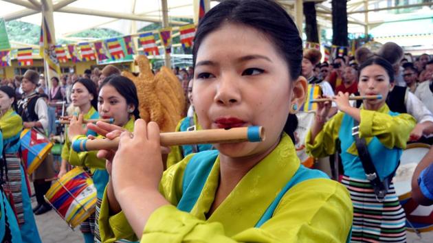 Hundreds of monks and Tibetans participated in prayer and cultural Tibetan activities to mark the Dalai Lama's birthday at Tsuglhakhang temple at McLeodganj, near Dharamsala, on Thursday. (Shyam Sharma/HT Photo) 