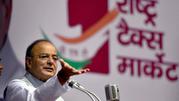 Finance Minister Arun Jaitley talks about Goods and Services Tax at a function organised by the Delhi BJP unit at Talkatora Stadium in New Delhi on July 6, 2017.(PTI)