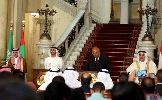 Saudi foreign minister Adel al-Jubeir, UAE foreign minister Abdullah bin Zayed al-Nahyan, Egyptian foreign minister Sameh Shoukry and Bahraini foreign minister Khalid bin Ahmed al-Khalifa at a press conference in Cairo. (Reuters) Saudi foreign minister Adel al-Jubeir, UAE foreign minister Abdullah bin Zayed al-Nahyan, Egyptian foreign minister Sameh Shoukry and Bahraini foreign minister Khalid bin Ahmed al-Khalifa at a press conference in Cairo. (Reuters)