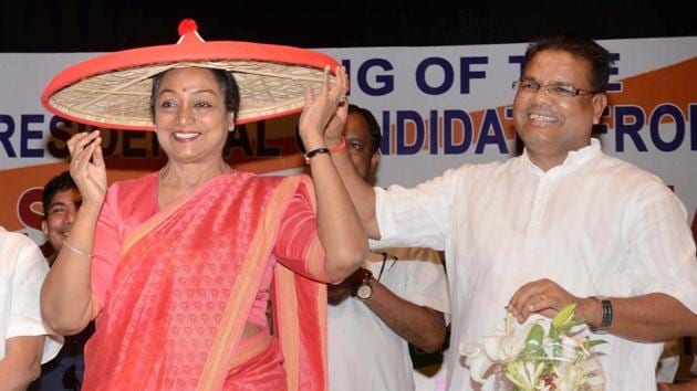 UPA presidential candidate Meira Kumar felicitated with traditional Assamese hat in Guwahati. (PTI Photo) UPA presidential candidate Meira Kumar felicitated with traditional Assamese hat in Guwahati. (PTI Photo)