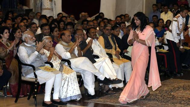 In this file photo, wrestler Sakshi Malik is seen during the Padma Awards 2017 Investiture Ceremony at Rashtrapati Bhavan in New Delhi. (HT File Photo) In this file photo, wrestler Sakshi Malik is seen during the Padma Awards 2017 Investiture Ceremony at Rashtrapati Bhavan in New Delhi. (HT File Photo)