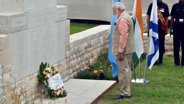 Prime Minister Narendra Modi laid a wreath at the Indian cemetery in Haifa, Israel on the third day of his visit, commemorating Indian soldiers who laid down their lives during the liberation of Haifa in 1918. (PTI) 