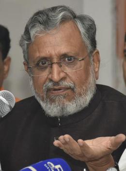 BJP leader Sushil Modi speaking at a press conference in Patna on Thursday.