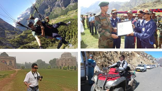 (Clockwise from top left) Ekinath Khedekar went paragliding during a trip to Amsterdam. Satish Navale met Indian soldiers at a Kargil base camp. Joaquim Rapose poses on a mountain bike in Himachal Pradesh. And Delhiite Pranav Lal, who has travelled everywhere from Uttarakhand to Iceland, taking photos with an ‘artificial eye’ sensory substitution device at Lodhi Gardens. (Clockwise from top left) Ekinath Khedekar went paragliding during a trip to Amsterdam. Satish Navale met Indian soldiers at a Kargil base camp. Joaquim Rapose poses on a mountain bike in Himachal Pradesh. And Delhiite Pranav Lal, who has travelled everywhere from Uttarakhand to Iceland, taking photos with an ‘artificial eye’ sensory substitution device at Lodhi Gardens.