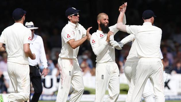 Moeen Ali became the fifth-quickest player in terms of matches played to do the Test ‘double’ of 2,000 runs and 100 wickets as England dominated the Lord’s Test against South Africa.(AFP) Moeen Ali became the fifth-quickest player in terms of matches played to do the Test ‘double’ of 2,000 runs and 100 wickets as England dominated the Lord’s Test against South Africa.(AFP)