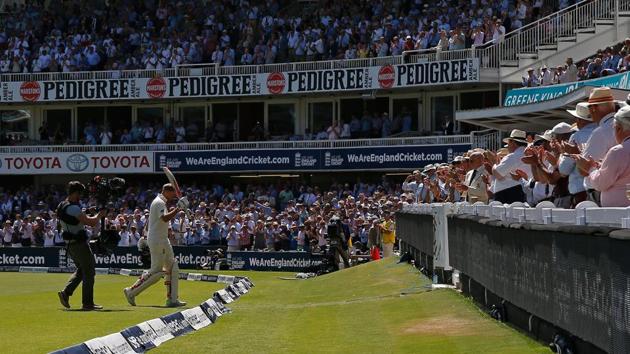 England’s captain Joe Root leaves the field after losing his wicket for 190 runs on the second day of the first Test match between England and South Africa at Lord's on Friday.(AFP)