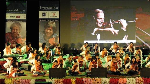 Sixty violinists of the Violin Academy performed at  ‘Swara Malhar’. (Ravindra Joshi/HT PHOTO) 