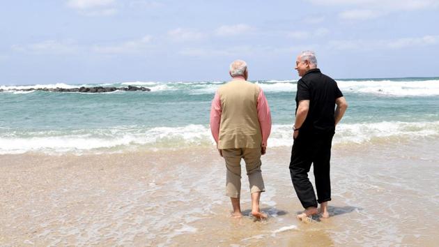 Israel's Prime Minister Benjamin Netanyahu (R) walks with India's Prime Minister Narendra Modi, as they visit Olga Beach and a water desalination unit operated by G.A.L. Water Technologies near Hadera,Israel. (REUTERS) Israel's Prime Minister Benjamin Netanyahu (R) walks with India's Prime Minister Narendra Modi, as they visit Olga Beach and a water desalination unit operated by G.A.L. Water Technologies near Hadera,Israel. (REUTERS)