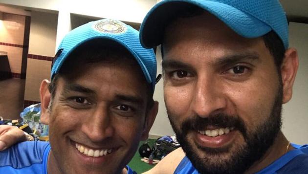 Mahendra Singh Dhoni and Yuvraj Singh share some good moments during the current limited overs tour of the West Indies. Both played big roles in winning the 2011 World Cup in India.(BCCI)